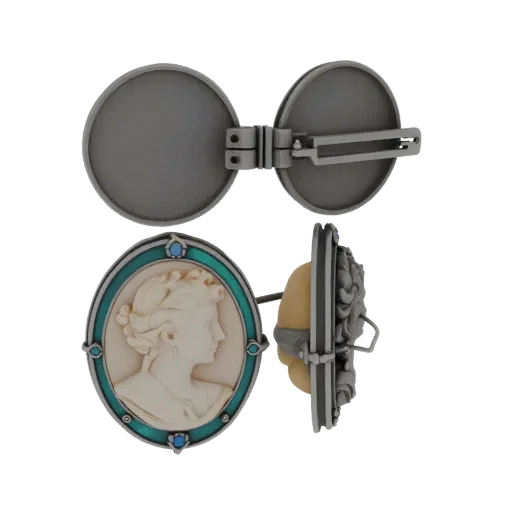 Vintage Cameo Brooch scene ready 3D model, top-down studio render, showing brooch silhouette and surface contrast.