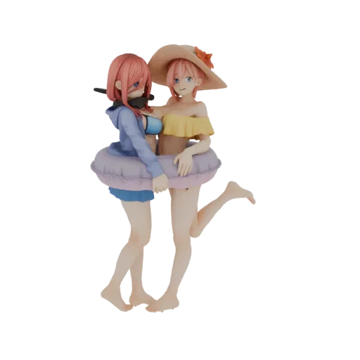 3D model of two anime twin sisters in swimwear hugging, wearing a colorful inflatable ring, with pink hair.