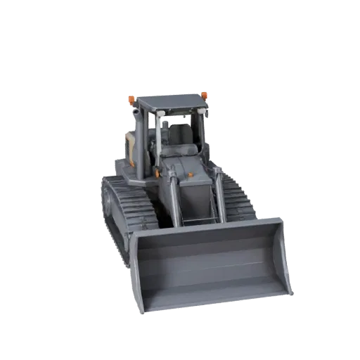 Construction Bulldozer Low Poly 3D model, game viewport three-quarter view, showing painted steel, form detail.