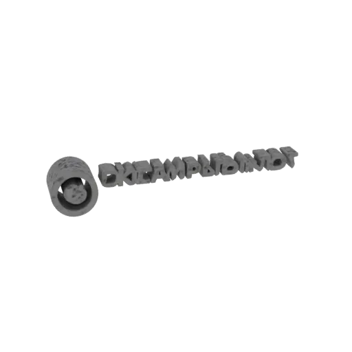 3D model of a cylindrical emblem with raised lettering and a textured circular face, rendered in a stone-like material.
