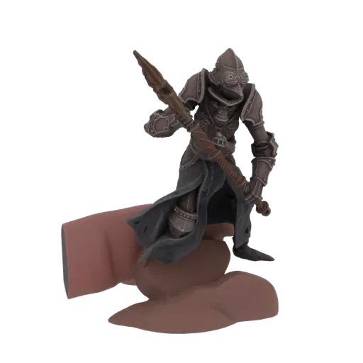 Rendu 3D d'une figurine Chevalier de l'Ordre Obsidienne en armure sombre et ornée, tenant une lance.