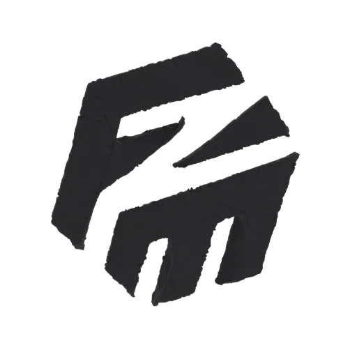 A 3D render of a dark, abstract geometric emblem composed of sharp, fragmented shapes against a black background.
