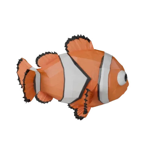 Modelo 3D de pez payaso low poly, vista lateral de cámara de juego, activo de animal low-poly con ruptura de superficie, raíc