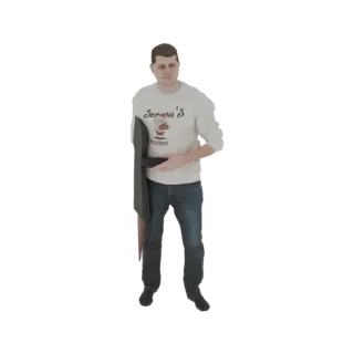 3D-Modell eines Mannes in einem weißen Sweatshirt und blauen Jeans, der einen großen schwarzen Gegenstand hält.