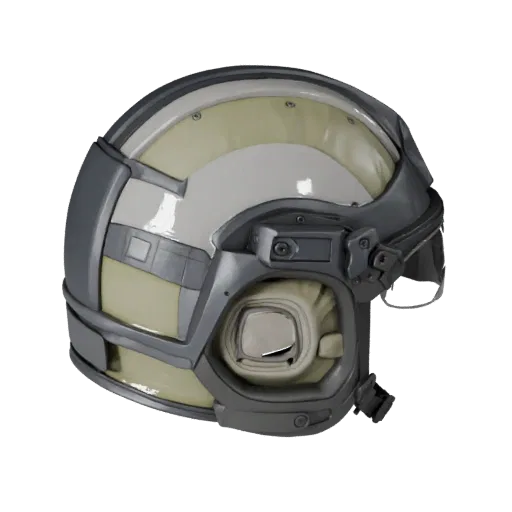 Modello 3D Modulare Casco Stile Soccorso, vista isometrica kit modulare, con scudi trasparenti, silhouette protettiva.