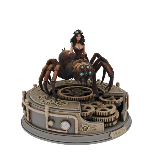 3D model render of a Steampunk queen figure riding a mechanical spider with intricate gears and blue glowing eyes on a detail