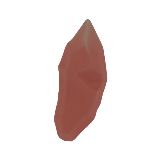 A 3D render of a sharp, red crystal shard with visible facets and a translucent appearance.