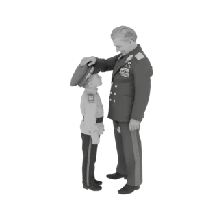 Modelo 3D de un padre con uniforme militar posando su mano sobre la gorra de su hijo, también uniformado.
