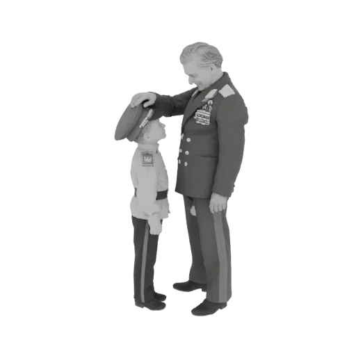 3D model of a father in a military uniform placing his hand on the cap of his son, who is also in uniform.