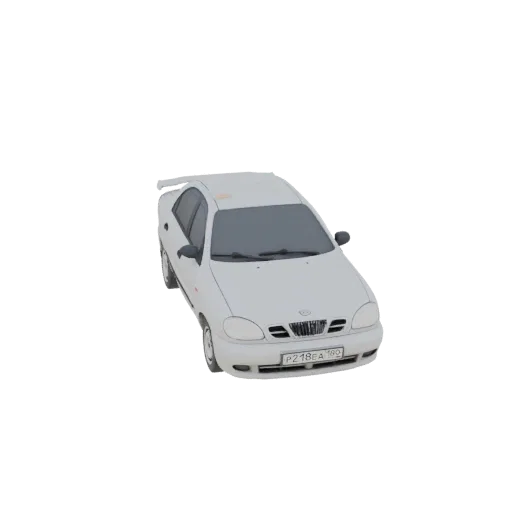 Modelo 3D de um Daewoo Lanos sedan branco com spoiler, visto de um ângulo frontal direito ligeiramente elevado.