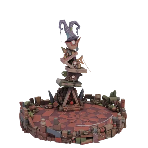 3D model of a whimsical wizard's tower diorama with a crooked hat, stacked books, and a cluttered base.