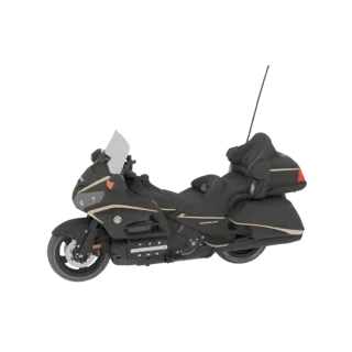 Vue latérale d'un modèle 3D détaillé d'une moto de tourisme noire et or avec un grand pare-brise et des sacoches.