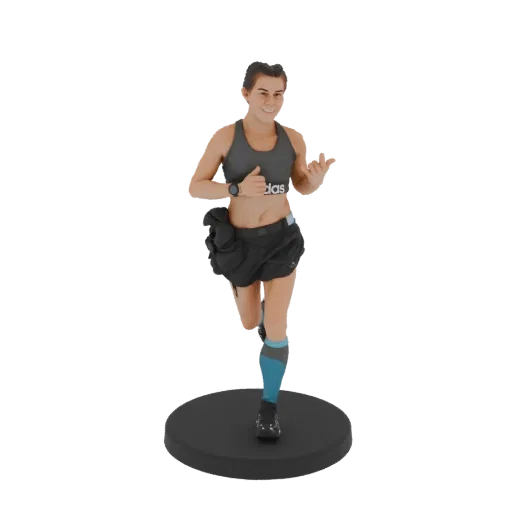 3D model of a female runner in a dynamic pose, wearing athletic gear and a sports watch, standing on a circular base.