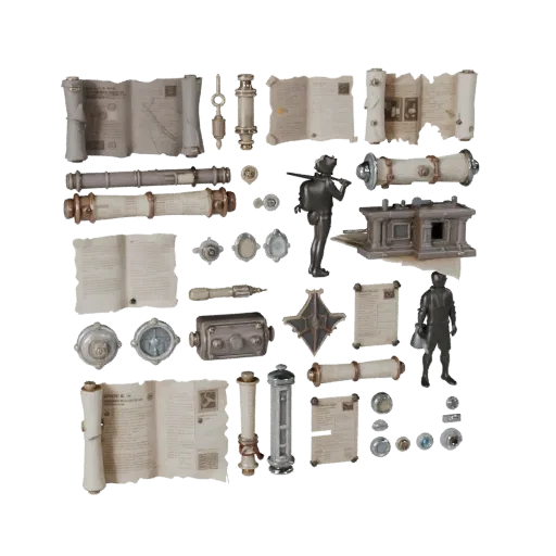 Urban Scroll Bundle High Poly 3D model, close-up studio render, showing paper-like cards, small readable forms.