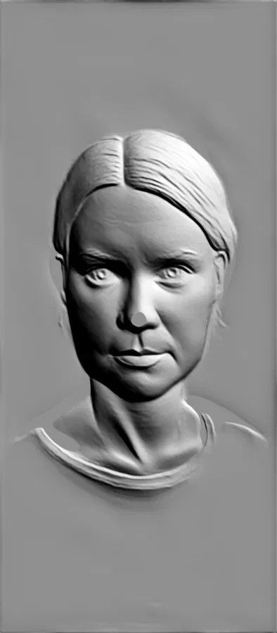 Modelo 3D de bajorrelieve "Retrato de mujer" estilo escultura antigua, con rasgos faciales y cabello detallados.