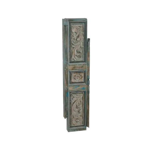 Modèle 3D d'un panneau de porte ancien en bois sculpté avec des motifs floraux complexes et une finition bleue vieillie et bo