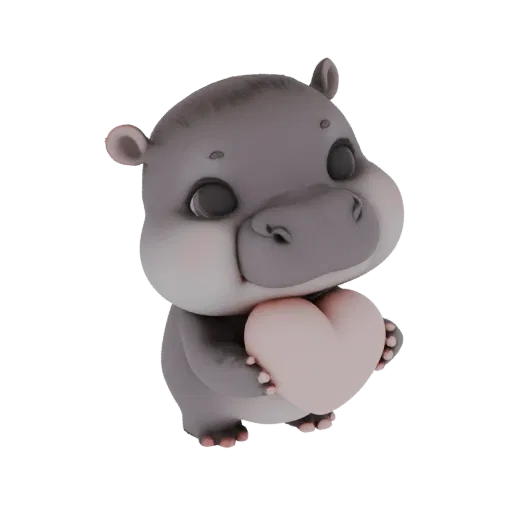 Un modèle 3D mignon et stylisé d'un bébé hippopotame aux grands yeux, tenant un cœur rose dans ses pattes avant.