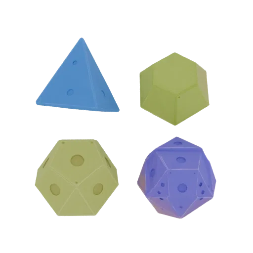 Set aus fünf bunten 3D-Modellen geometrischer Körper: blauer Tetraeder, grüner Hexaeder und Oktaeder, violetter Dodekaeder un