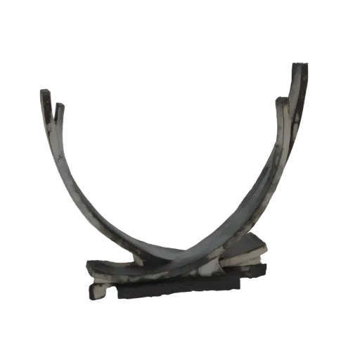 3D model of an abstract metal sculpture with sweeping curved forms and a textured, weathered finish, set against a black back