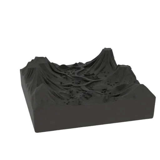 Volcanic Wasteland Biome Printable 3D model, isometric tabletop STL render, showing terrain layers, lava channels.