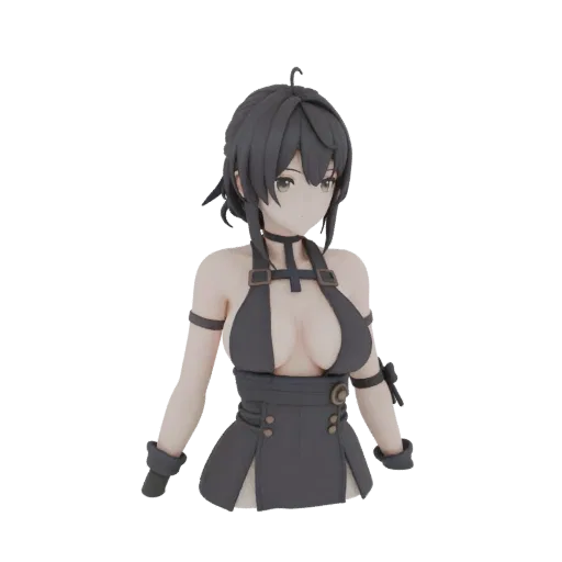 3D-Modell Anime-Mädchen in schwarzem Kampfanzug, mit dunklen Haaren und sportlicher Frisur.