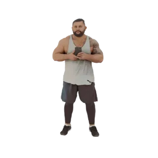 Modelo 3D de homem musculoso com tatuagens, vestindo regata cinza e shorts escuros, segurando um smartphone.