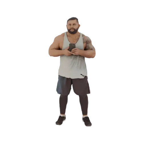 3D-Modell eines muskulösen Mannes mit Tattoos, in einem grauen Tanktop und dunklen Shorts, der ein Smartphone hält.