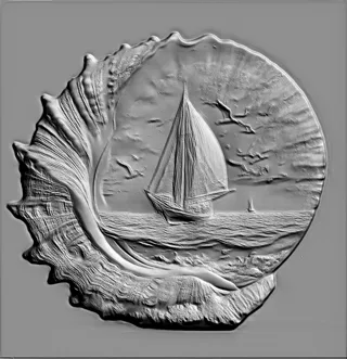 3D model of a bas-relief featuring a sailboat on the sea inside a shell.