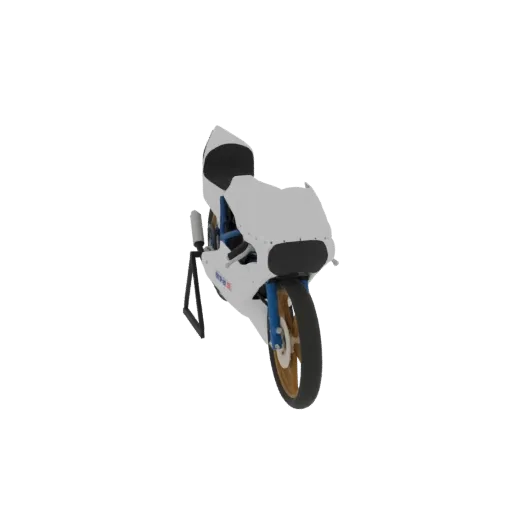 3D model of a white and blue retro sportbike with golden wheels, shown from a three-quarter front view against a black background.