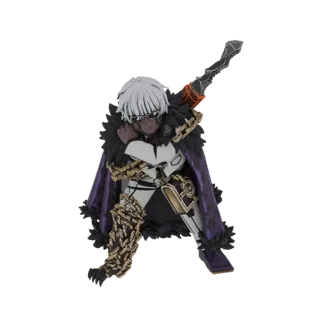 3D model of a dark lord figure with white hair, sunglasses, a dark fur-trimmed cape, ornate chains, and a sword.