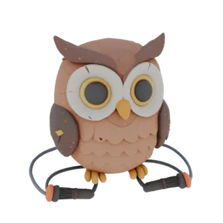 3D-Modell einer Cartoon-Eule im Knetanimationsstil, sitzend mit einem Springseil in den Pfoten.
