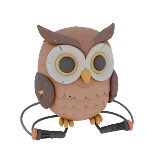 Modèle 3D de chouette cartoon style pâte à modeler, assise avec une corde à sauter dans ses pattes.