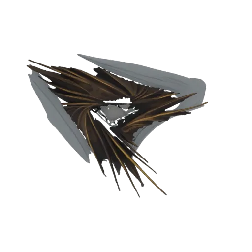 3D model of an abstract sculpture with sharp, metallic bronze-like spikes and smooth grey accents, viewed from above.