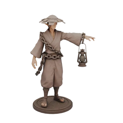 3D model of a Japanese-style elf, bound with chains, holding a lantern, standing on a base.