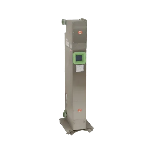 3D model of a tall, metallic industrial air handling unit with a green-framed digital display and green connection ports.