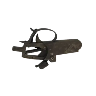 3D model of an antique firearm trigger assembly mechanism with visible springs and levers, rendered with an aged metal textur