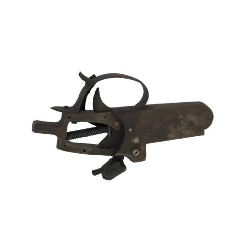 3D model of an antique firearm trigger assembly mechanism with visible springs and levers, rendered with an aged metal textur