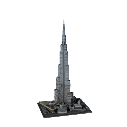 Modelo 3D Burj Khalifa poligonal bajo, vista exterior lista para juegos, que muestra materiales de estructura de monumento y