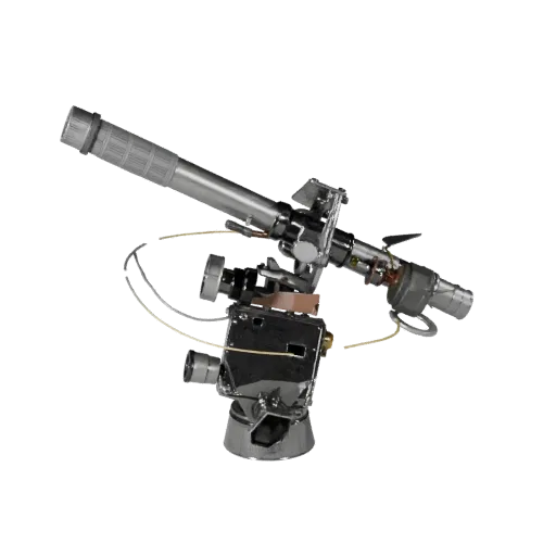 Observatory Style Mount 3D model, three-quarter front view, Unity viewport, showing metal tubes, optical alignment.
