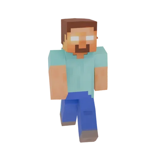 3D-Modell von Herobrine, einer von Minecraft inspirierten Figur mit leuchtend weißen Augen, braunem Haar, blauem Hemd und bla