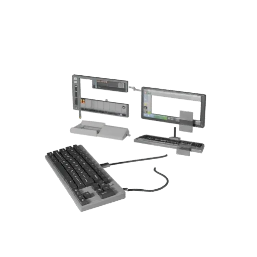 Corporate Keyboard Low Poly 3D model, game viewport three-quarter view, showing plastic, desk-scale silhouettes.