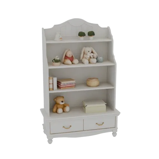 3D model of a white wooden dollhouse bookshelf with three shelves and two drawers, featuring miniature books and toys.