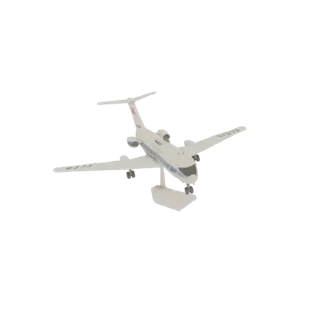 3D model of a white Soviet Tu-134 airliner with blue accents and Cyrillic text, displayed on a stand.