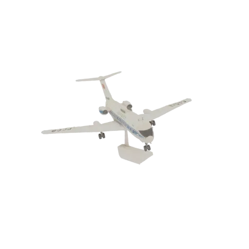 3D model of a white Soviet Tu-134 airliner with blue accents and Cyrillic text, displayed on a stand.