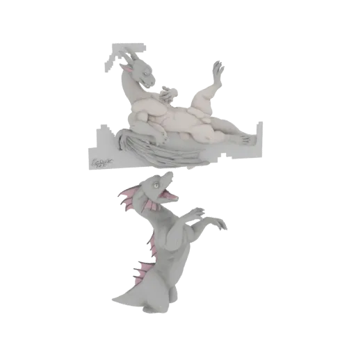 3D model of two playful grey dragons with pink accents, one reclining above the other rearing up.