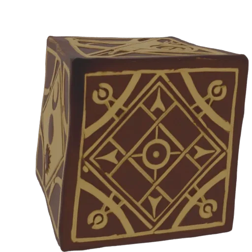 Modelo 3D de um cubo marrom antigo com intrincados padrões geométricos dourados em relevo em suas faces.