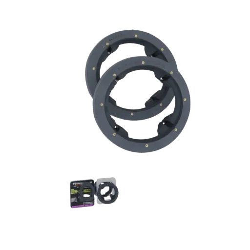 A 3D model of two dark gray circular spacers with brass screw details, presented on a black background.