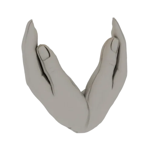 3D model of two sculpted hands cupped together in a prayer or offering gesture, with a neutral, stone-like texture.