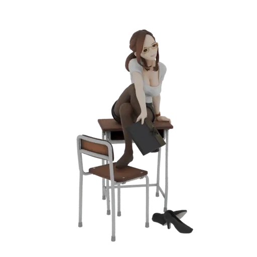 3D model of an anime teacher sitting on a school desk, holding a book, with her shoes off on the floor.
