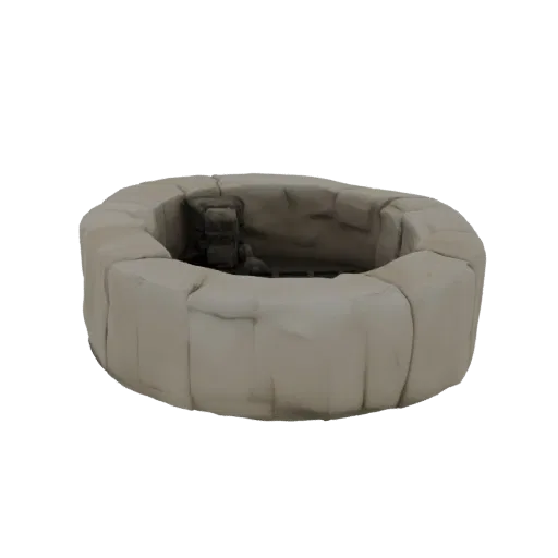 3D model of an ancient stone well with rough-hewn stone blocks and a small water feature inside.